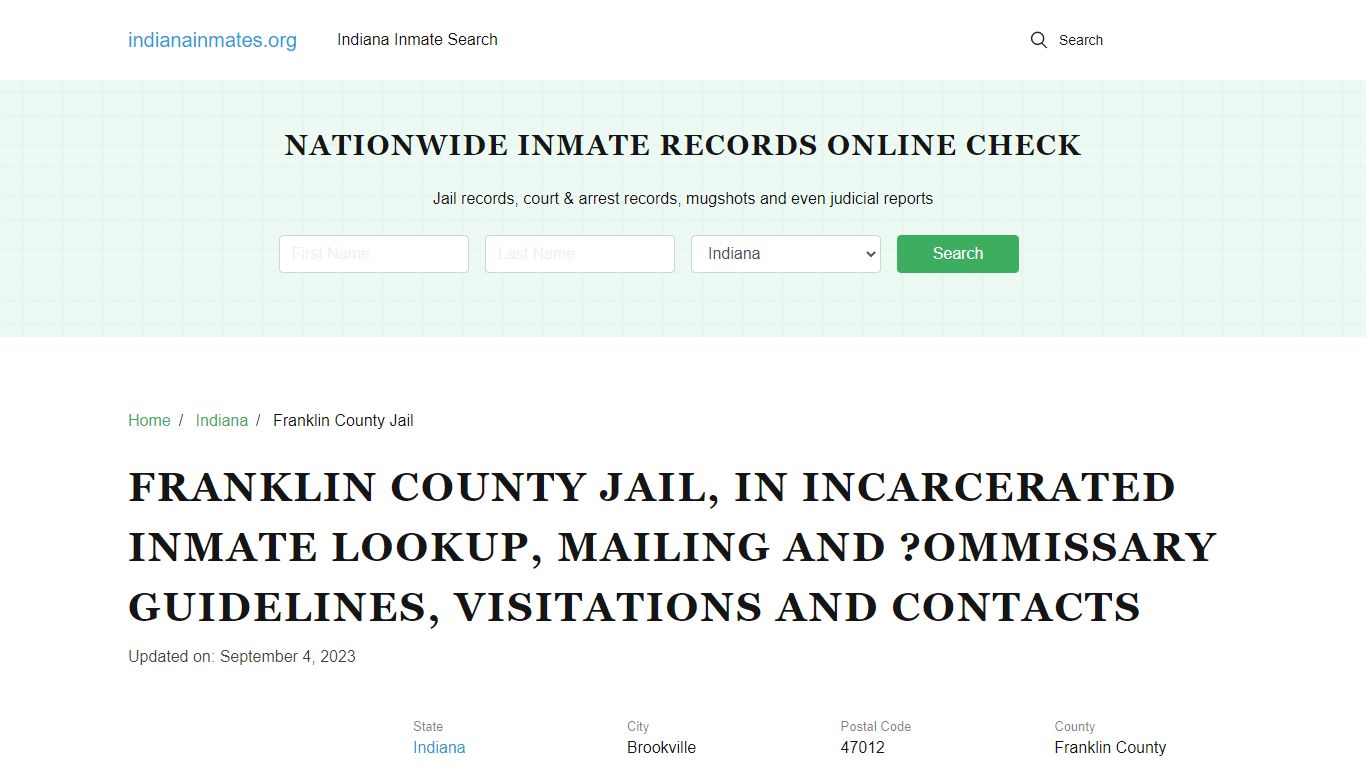 Franklin County Jail, IN: Offender Locator, Visitation & Contact Info