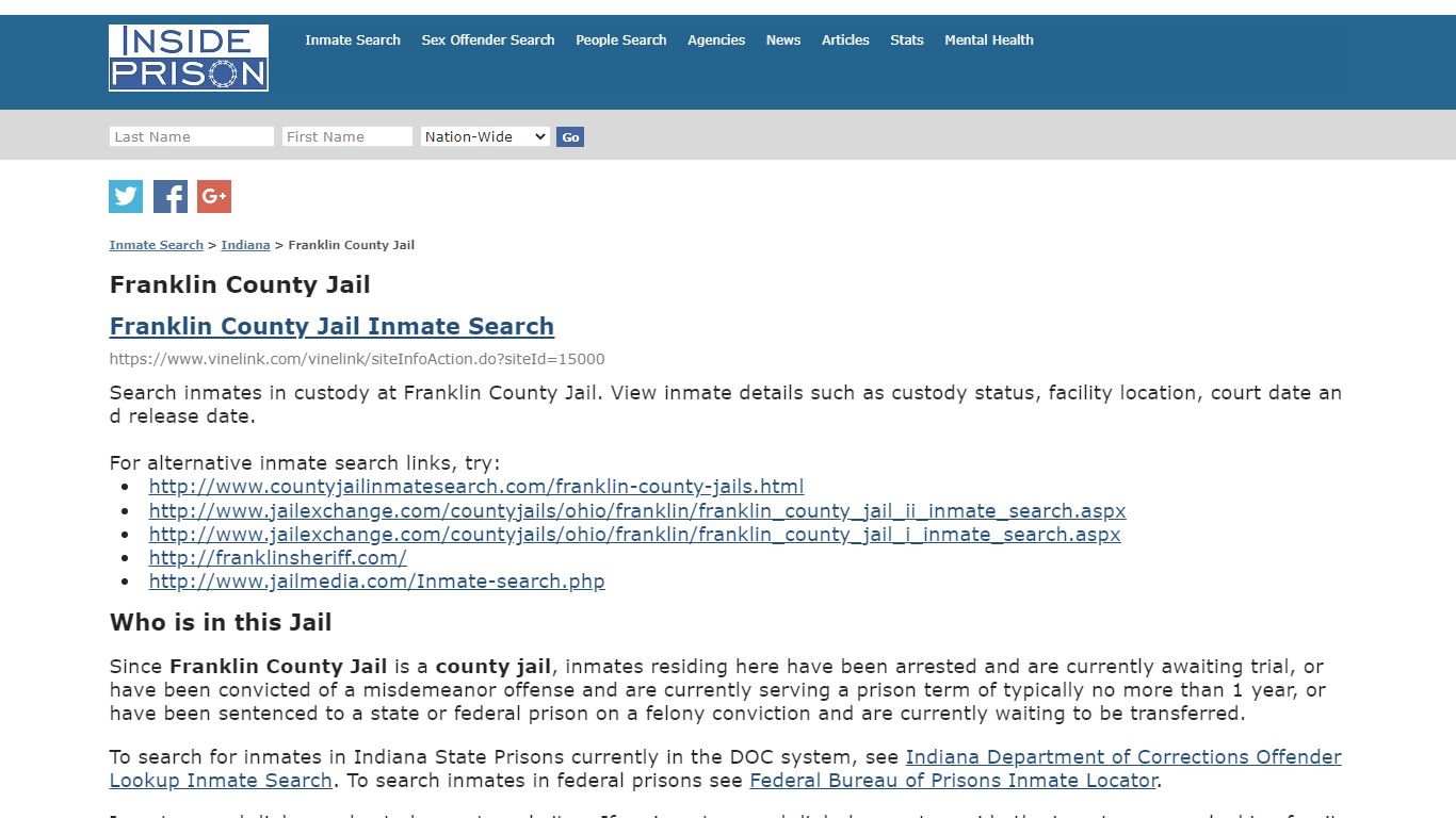 Franklin County Jail - Indiana - Inmate Search - Inside Prison